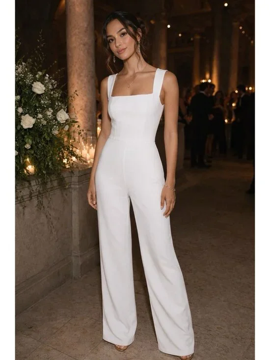 Lulus Enticing Endeavors Jumpsuit Sz Medium White Square Neck Wide Leg Bridal - Picture 8 of 8